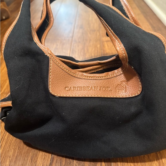 Carribean Joe Canvas & Leather Handbag Black with Tan Accents & Bottom 5 Pockets - Picture 3 of 10